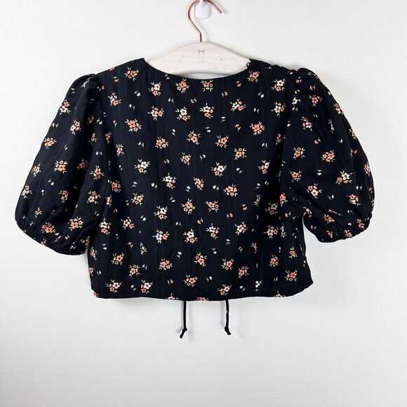 Cotton On Short Puff Sleeve Crop Top Medium Black Floral Boho Festival Tie Front - Picture 4 of 5